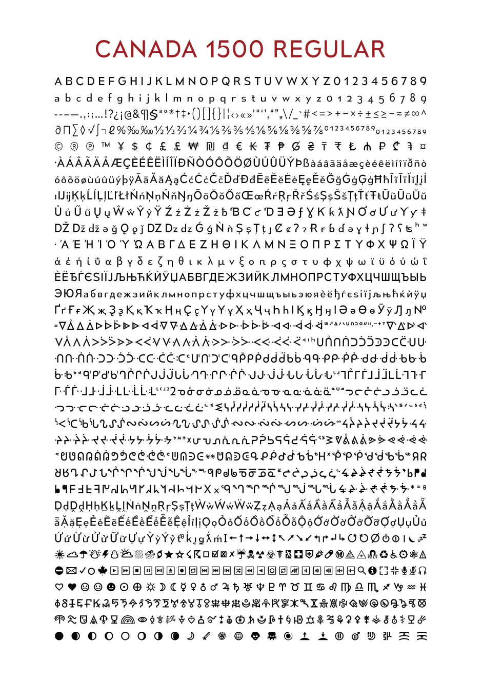 Canada 1500 multilingual typeface specimen
