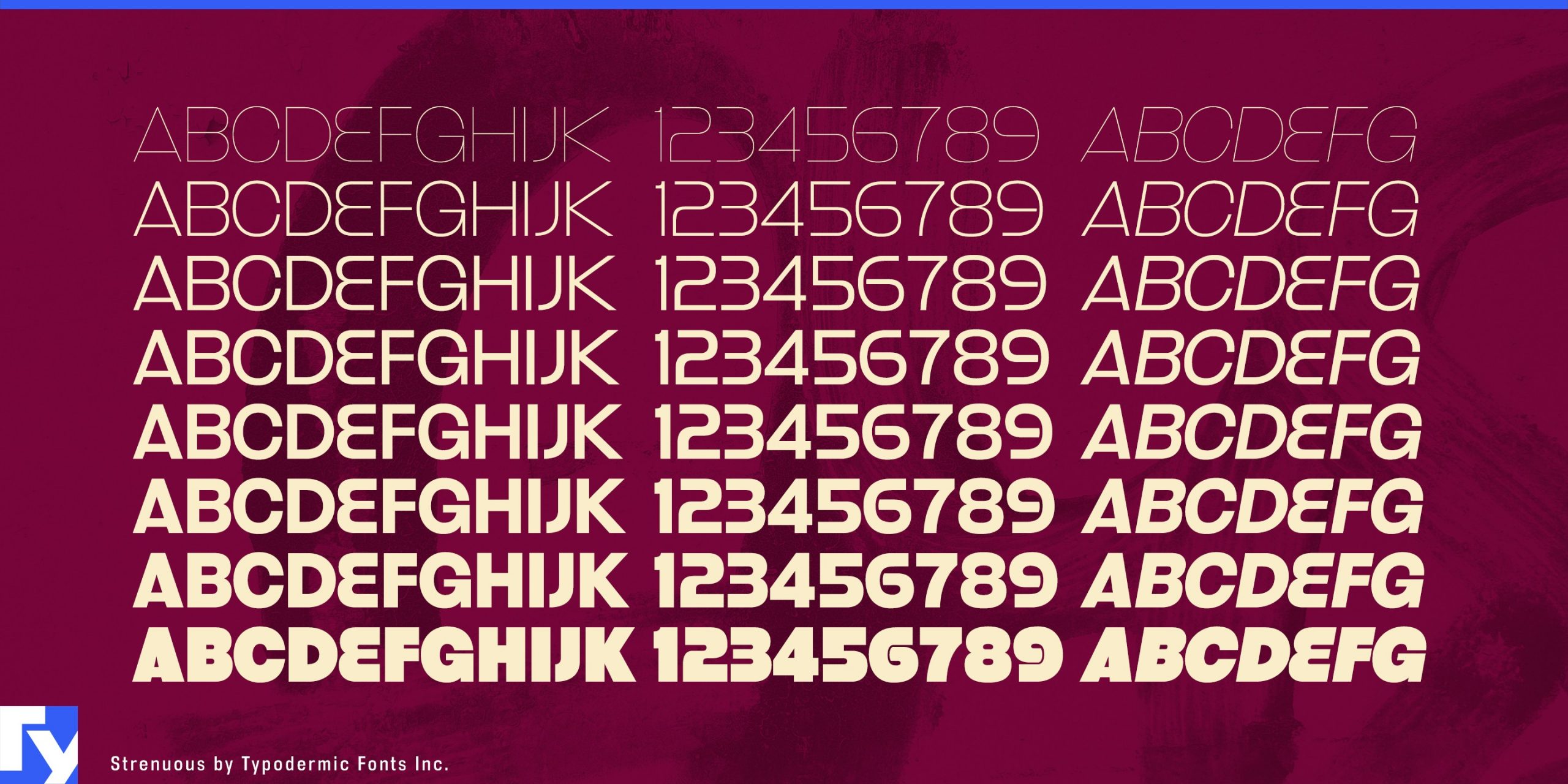 Experience the versatility of the Strenuous typeface in eight weights and italics.